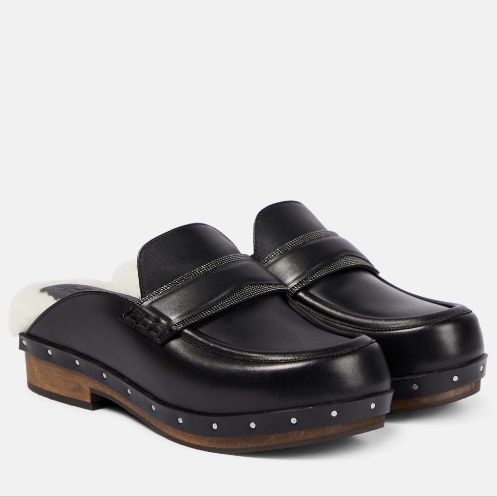 Brunello Cucinelli Embellished Leather Shearling Clogs  37